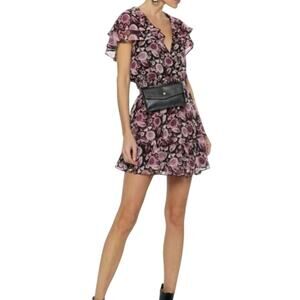 Rebecca Minkoff Miley Black/Pink Floral Boho Dress Size Small Ruffled $198